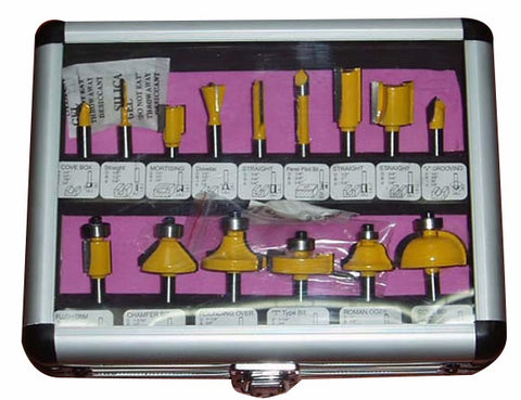 15 PC CARBIDE TIPPED ROUTER BIT SET, ALUM. CASE