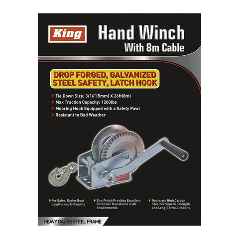 HAND WINCH W/ 8M (26') STEEL CABLE, KING COLOR BOX