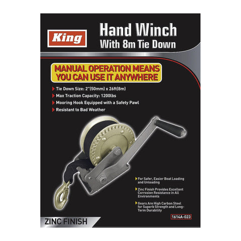 HAND WINCH W/ 8M (26') TIE DOWN, KING COLOR BOX