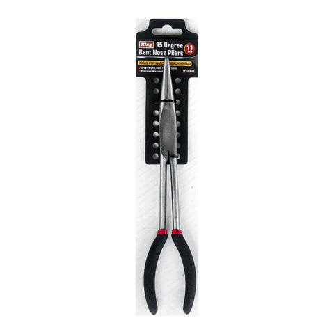 11" 15 DEGREE BEND NOSE PLIERS, RED AND BLACK DIP HANDLE, DISPLAY